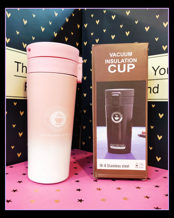 تراول ماگ یا ماگ مسافرتی صورتی و سفید بلند و ۵۰۰ میای لیتری