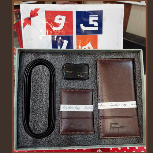 ست مردانه کیف بلند و کمربند و جای کارت رنگ قهوهای