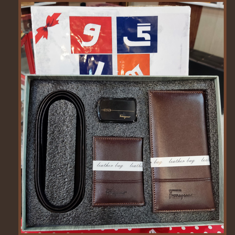 ست مردانه کیف بلند و کمربند و جای کارت رنگ قهوهای