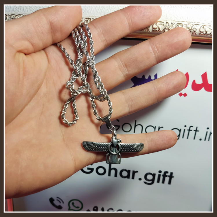 زنجیر استیل مدل طناب رنگنقره ای ، پلاک فروهر ظریف استیل