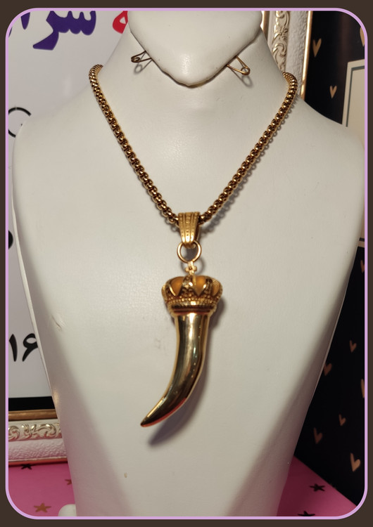 پلاک و آویز عاج فیل و زنجیر استیل ، رنگ طلایی